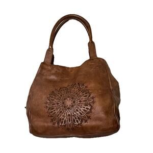 Brown Boho Leather Shoulder Bag Perforated Cut-out Mandala Made In India